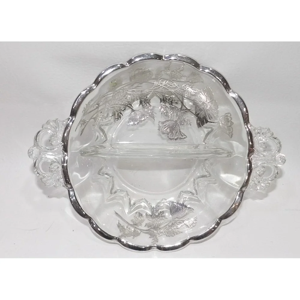 Vintage Silver Overlay Glass Divided Relish Dish Floral Poppy Scalloped Handle